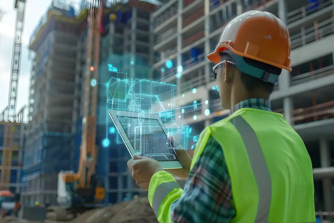 Conducteur de travaux sur un chantier, casque orange, consultant les plans du bâtiment sur une tablette